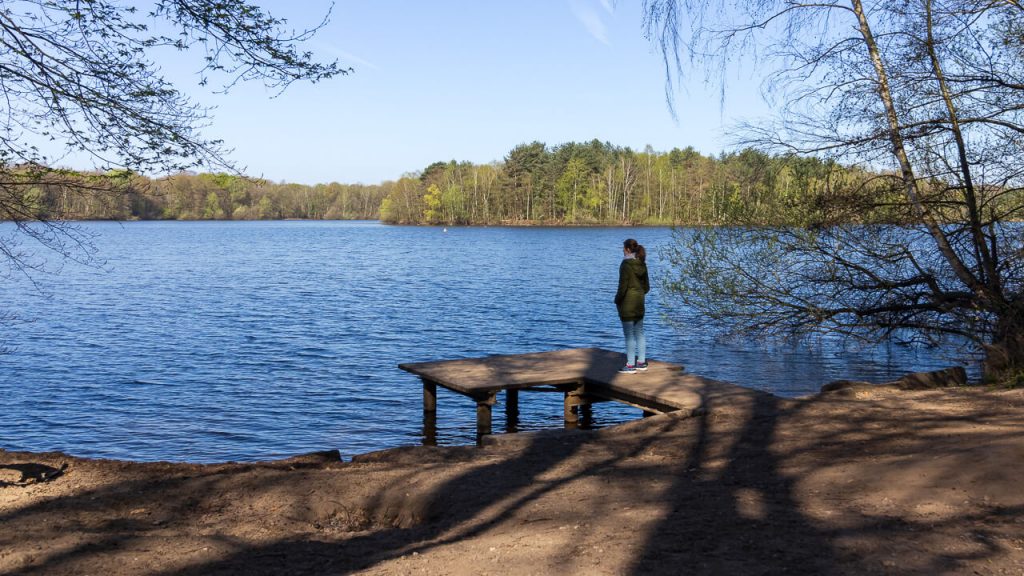 Eine Frau steht auf einem Steg und blickt auf die 6-Seen-Platte bei Duisburg.